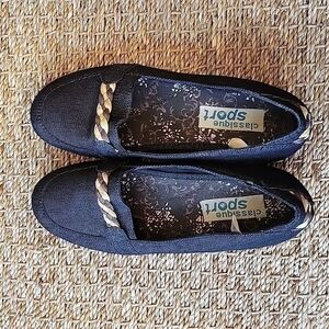 CLASSIQUE SPORT denim loafter shoes with brown and tan accent.  size is  7 M.